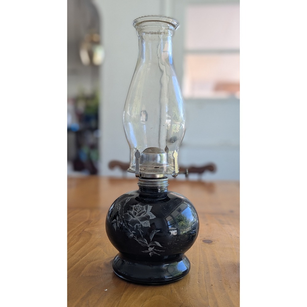 Lamplight Farms Vintage Black Glass Oil Lamp Etched Rose Hurricane Lamp 14.5in